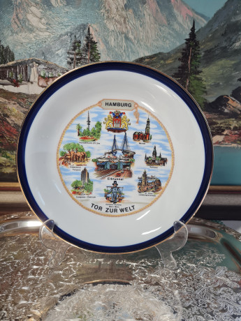 Декоративная тарелка винтажная Winterling Kirchenlamitz с изображением достопримечательностей г. Гамбург, 22 x 4 см, Германия, 1960-70гг.
