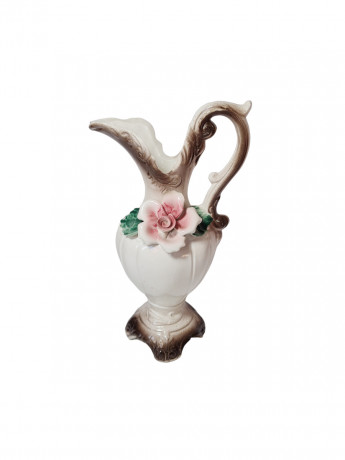 Кувшин Bassano с розовым цветком в бежево-коричневых тонах, фарфор, 28 см, Италия, 1960-70гг.