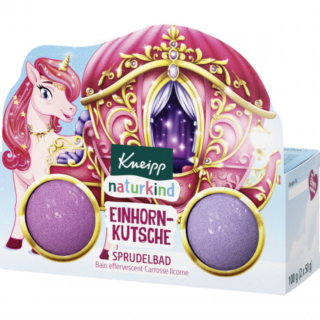 Kneipp naturkind Sprudelbad Einhorn-Kutsche, 2 x 50 g, Kneipp детские шипучие бомбочки для ванны «Карета единорога» с ароматом клубники, 2 × 50 г