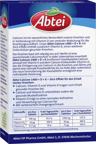 Abtei Calcium 1400 + Vitamin D + Vitamin K 30 Kautabletten (102 g), Abtei Жевательные таблетки кальция с витаминами D и K для костей, апельсиновый вкус, 30 жевательных таблеток (102 г)