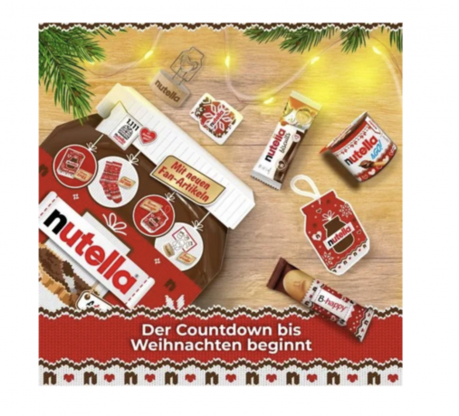 Ferrero Nutella Adventskalender 2026, Адвент-календарь Nutella Ferrero 2026 Декабрь со вкусом Nutella (Германия), 528 г, 24 сладких сюрприза, орехово-шоколадная паста, вафли и печенье, новогодний подарок