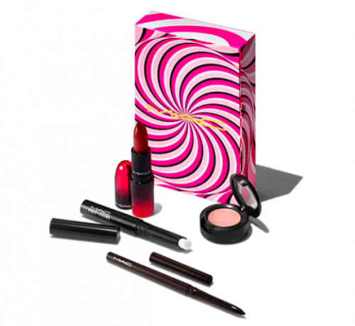 MAC Hypnotizing Holiday Ace your Face Look in a Box RED, МАК Набор из четырех продуктов для макияжа глаз и губ, Красный