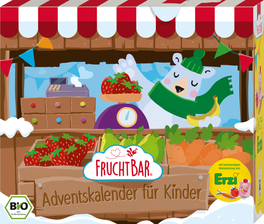 FruchtBar Adventskalender 2026 fuer Kinder, 24 Ueberraschungen, FruchtBar Детский Адвент-календарь 2026 с органическими фруктовыми снеками и сюрпризами, 24 окошка