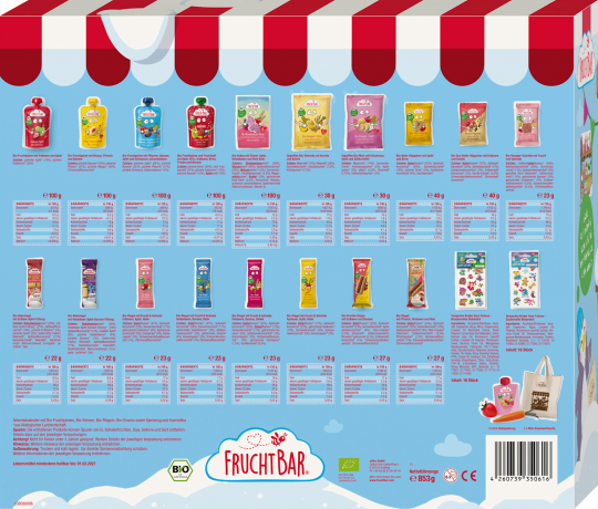 FruchtBar Adventskalender 2026 fuer Kinder, 24 Ueberraschungen, FruchtBar Детский Адвент-календарь 2026 с органическими фруктовыми снеками и сюрпризами, 24 окошка