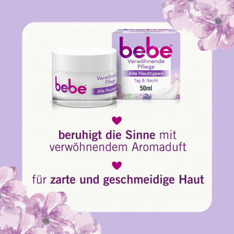 bebe verwoehnende Pflege Tag & Nacht, 50 ml, bebe крем для лица день и ночь для всех типов кожи с маслом ши и ароматом лунного цветка, 50 мл