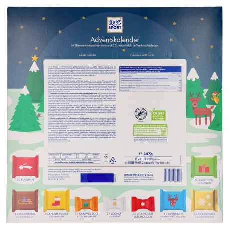 Ritter Sport Quadrat Adventskalender, шоколадный адвент-календарь Ritter Sport, 24 подарка, 8 вкусов, 347 г