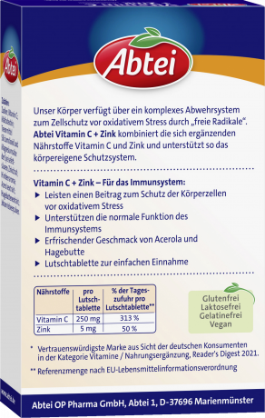 Abtei Vitamin C + Zink Lutschtabletten 30 Lutschtabletten (63 g), Abtei Таблетки для рассасывания с витамином C и цинком для поддержки иммунитета, 30 таблеток для рассасывания (63 г)