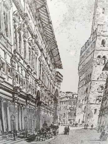 Картина винтажная Firenze "Галерея Уффици" / худ. Dosso, графика, в деревянной раме, 37,5 х 27,5 см, Италия, 1960-70гг.