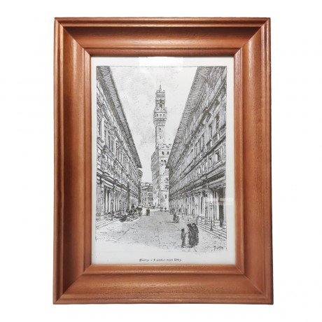 Картина винтажная Firenze "Галерея Уффици" / худ. Dosso, графика, в деревянной раме, 37,5 х 27,5 см, Италия, 1960-70гг.