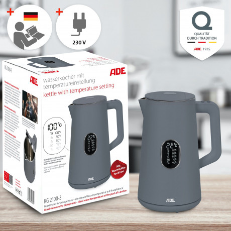 ADE ADE Wasserkocher Energiesparender Wasserkocher mit Temperatureinstellung  LED-Display, 1.5 l, 1800 W, 5 wahlbare Temperaturstufen (40-100°C), Warmhalte-Funktion, 1800 W grau Чайник ADE Энергосберегающий чайник с регулировкой температуры, светодиодный 