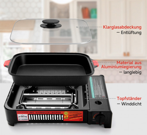 HOMELUX HOMELUX Gaskocher Camping Gasgrill+Grillpfanne+Glasdeckel+Gaskartuschen Campinggrill, (4-St), 2,2KW Газовая плита HOMELUX походный газовый гриль + сковорода-гриль + стеклянная крышка + газовые баллончики походный гриль, (4 шт.), 2,2 кВт