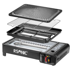 Mianova Mianova Gaskocher Campingkocher Tischgrill + Grillplatte + 4 Spiesse, Gaskocher im Koffer fur Gaskartuschen Gasflaschen- Outdoor BBQ Barbecue Grill Gas Camping Kocher Herd Grillrost Schwarz  Газовая плита Mianova Кемпинговая плита Настольный гриль