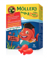 Moller's Omega-3 Gelee Erdbeere, Фруктовые жевательные мармеладки с рыбьим жиром из экологически чистой дикой рыбы, клубничный вкус, для детей с 3ех лет, 36 шт