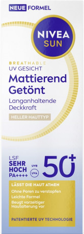 NIVEA SUN Breathable UV Gesicht Mattierend Getont Heller Hauttyp LSF 50+, 40 ml, Нивеа Солнцезащитный крем для лица тонирующий матирующий, SPF 50+, для светлой кожи, 40 мл