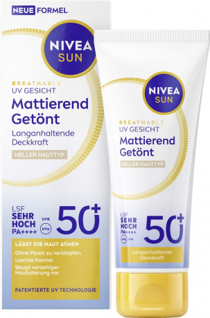 NIVEA SUN Breathable UV Gesicht Mattierend Getont Heller Hauttyp LSF 50+, 40 ml, Нивеа Солнцезащитный крем для лица тонирующий матирующий, SPF 50+, для светлой кожи, 40 мл