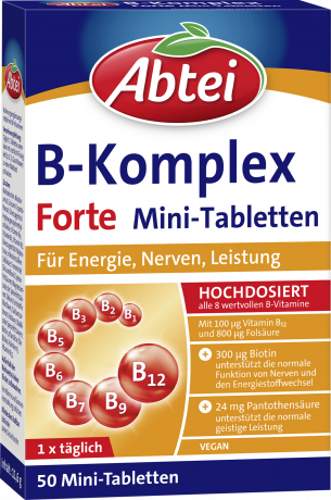 Abtei B-Komplex Forte Mini-Tabletten 50 Mini-Tabletten (11,6 g), Abtei Мини-таблетки с восемью витаминами группы B для энергии, нервной системы и умственной работоспособности, 50 мини-таблеток (11,6 г)