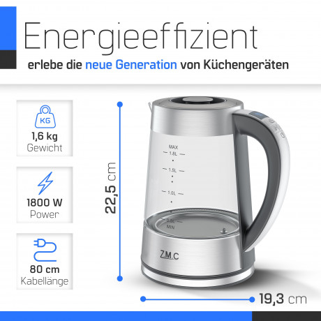 ZMC ZMC Wasserkocher Wasserkocher Glas mit Temperaturwahl 1,8 Liter Warmhaltefunktion, LED Beleuchtung / mit Einstellbare Temperatur Temperatureinstellung Чайник ZMC стеклянный чайник с выбором температуры, функция подогрева 1,8 л, светодиодное освещение