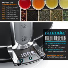 Arendo Arendo Wasserkocher, 1,7 l, 2200 W, Edelstahl Retrostyle Vintage, LED Temperaturanzeige, schwarz matt  Чайник Arendo, 1,7 л, 2200 Вт, нержавеющая сталь, винтажный стиль ретро, ??светодиодный индикатор температуры, матовый черный