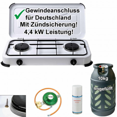 BlueCraft BlueCraft Gaskocher Camping Gas-Kocher 2-flammig mit Zundsicherung, mit Gasschlauch, Gasregler und Gasflasche 10kg, leer Газовая плита BlueCraft, газовая плита для кемпинга, 2 пламени, с предохранителем, с газовым шлангом, газовым регулятором и