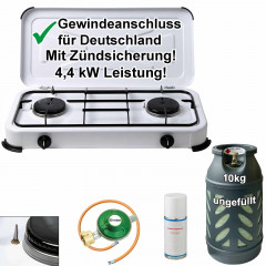 BlueCraft BlueCraft Gaskocher Camping Gas-Kocher 2-flammig mit Zundsicherung, mit Gasschlauch, Gasregler und Gasflasche 10kg, leer  Газовая плита BlueCraft, газовая плита для кемпинга, 2 пламени, с предохранителем, с газовым шлангом, газовым регулятором и