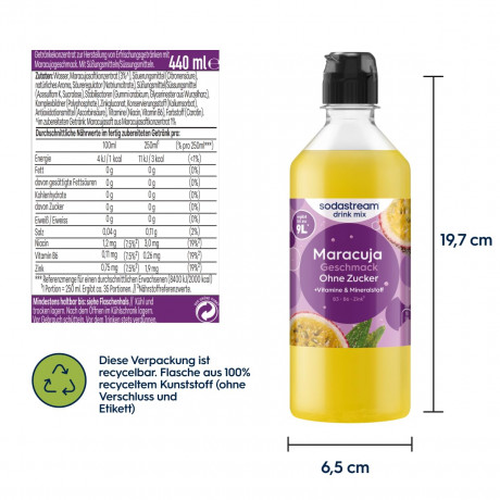 SodaStream Sirup Maracuja Zero 440ml x 3stk, Сироп для газированной воды, без сахара, концентрат напитка со вкусом маракуйи, с витаминами и цинком Набор 3 шт х 440 мл