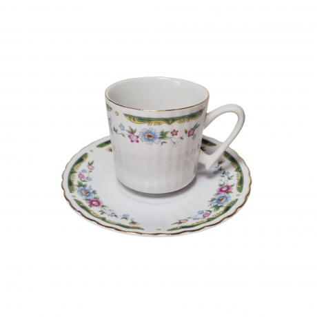 Белая фарфоровая чайная пара с цветочным рисунком и зеленым ободком, Китай, 1960-70гг.