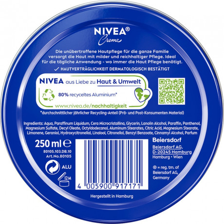 NIVEA Creme, 250 ml, Нивеа Классический крем в банке, пантенол и ланолин, глубокое питание, для всей семьи, 250 мл