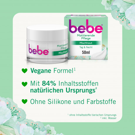 bebe mattierende Pflege Gesichtscreme, 50 ml, bebe матирующий крем для лица для комбинированной кожи с зелёным чаем и кукурузным крахмалом, 50 мл