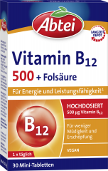 Abtei Vitamin B12 500 + Folsaeure Mini-Tabletten 30 Mini-Tabletten (10,3 g), Abtei Мини-таблетки витамина B12 500 мкг с фолиевой кислотой для энергетического обмена и уменьшения утомляемости, 30 мини-таблеток (10,3 г)