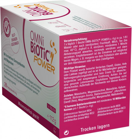 OMNi BiOTiC Power, 28 Servings, 112g, Пробиотик с магнием, 6 штаммов полезных бактерий, от усталости и для поддержки мышц, для активных людей и спортсменов, 28 саше х 4г