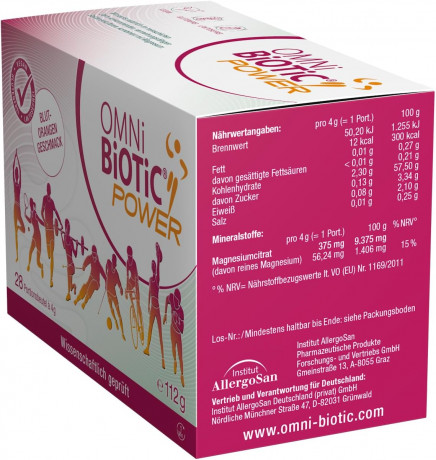 OMNi BiOTiC Power, 28 Servings, 112g, Пробиотик с магнием, 6 штаммов полезных бактерий, от усталости и для поддержки мышц, для активных людей и спортсменов, 28 саше х 4г