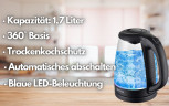 ecosa ecosa Wasserkocher EO-680, 1,7 l, 2200 W, Glaswasserkocher, Blaue LED-Beleuchtung, BPA-frei Чайник ecosa EO-680, 1,7 л, 2200 Вт, стеклянный чайник, синяя светодиодная подсветка, не содержит BPA