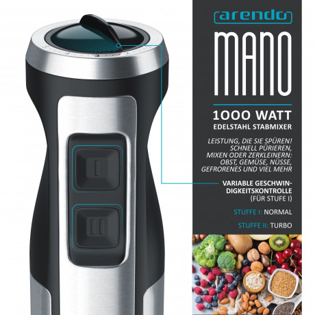 Arendo Arendo Stabmixer, 1000 W, Edelstahl Purierstab, Handmixer, stufenlose Regelung, silber/schwarz  Ручной блендер Arendo, 1000 Вт, очищающий стержень из нержавеющей стали, ручной миксер, бесступенчатое управление, серебристый/черный
