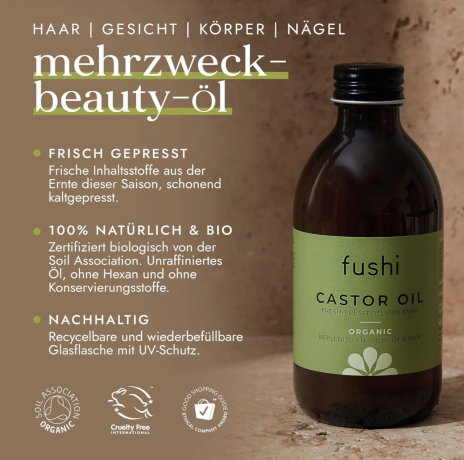 Fushi Organic Castor Oil 250ml, Касторовое масло органическое  холодного отжима, для роста волос, ресниц и бровей, уход за кожей и волосами, 100% натуральное, 250 мл
