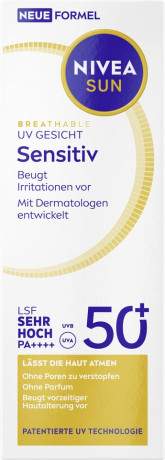 NIVEA SUN Breathable UV Gesicht Sensitiv LSF 50+, 40 ml, Нивеа Солнцезащитный крем для лица, SPF 50+, для чувствительной кожи, воздухопроницаемый, 40 мл