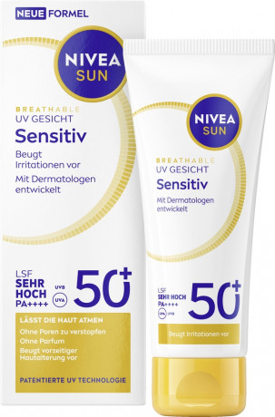 NIVEA SUN Breathable UV Gesicht Sensitiv LSF 50+, 40 ml, Нивеа Солнцезащитный крем для лица, SPF 50+, для чувствительной кожи, воздухопроницаемый, 40 мл