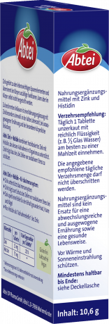 Abtei Zink + Histidin 30 Tabletten (10,6 g), Abtei Таблетки цинка с гистидином для иммунитета, кожи, волос и ногтей, 30 таблеток (10,6 г)