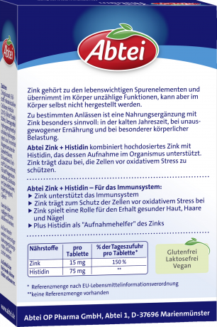 Abtei Zink + Histidin 30 Tabletten (10,6 g), Abtei Таблетки цинка с гистидином для иммунитета, кожи, волос и ногтей, 30 таблеток (10,6 г)