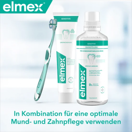 elmex Sensitive Zahnpasta, Mundspuelung & Zahnbuerste Multipack, Набор Sensitive для чувствительных зубов: щётка, зубная паста и ополаскиватель, 3 средства