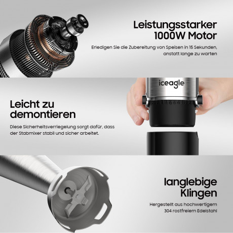 Aoucheni Aoucheni Stabmixer Purierstab Set Elektrischer 4 in 1 Mixer, 1000,00 W, inklusive Zerkleinerer, Messbecher, Milchaufschaumer und Schneebesen Ручной блендер Aoucheni, набор стержней для очистки, электрический миксер 4 в 1, 1000,00 Вт, включая изм