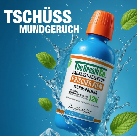 The Breath Co Frischer Atem Mundspulung Icy Mint 500ml, Ополаскиватель для рта от неприятного запаха, без спирта, антибактериальный, мятный, 12 часов свежести, 500 мл