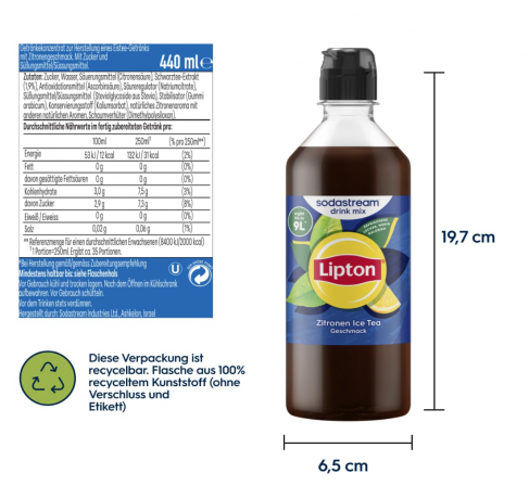 Sodastream drink mix Lipton Zitronen Ice Tea 440ml x 4st, Сироп Lipton Lemon Ice Tea для газированной воды, концентрат напитка со вкусом лимонного чая, до 36 л готового напитка, Набор 4 шт х 440 мл