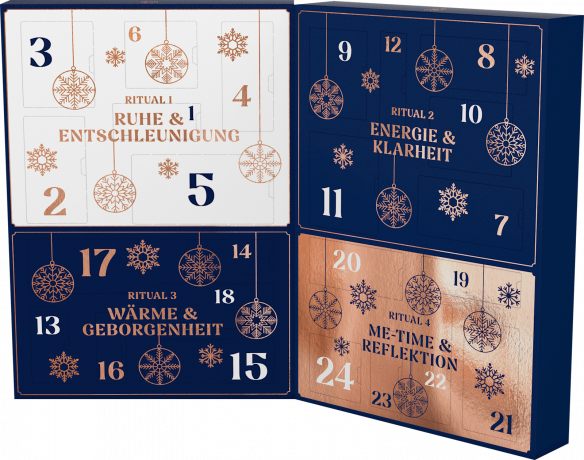 Dresdner Essenz Adventskalender 2026 Ritualreise durch den Advent, 24 Ueberraschungen, Dresdner Essenz Адвент-календарь 2026 «Путешествие ритуалов» с косметикой для ванны и ухода, 24 средства и аксессуара