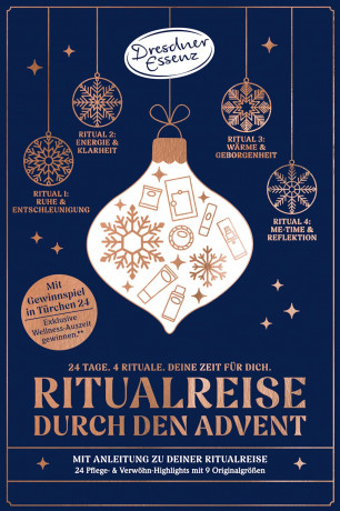 Dresdner Essenz Adventskalender 2026 Ritualreise durch den Advent, 24 Ueberraschungen, Dresdner Essenz Адвент-календарь 2026 «Путешествие ритуалов» с косметикой для ванны и ухода, 24 средства и аксессуара