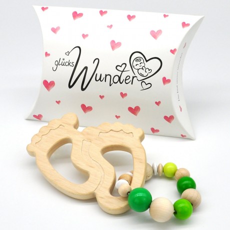 glucksWunder Holz Greifling Beissring Babyfusschen mit Geschenkverpackung Деревянное кольцо для прорезывания зубов детские ножки с подарочной коробкой