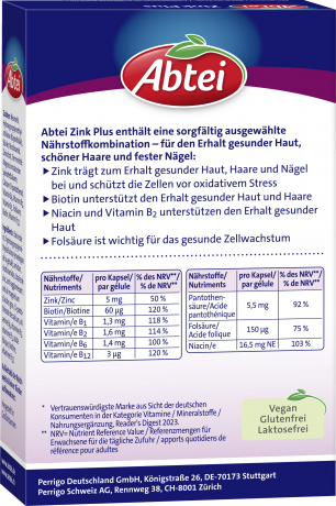 Abtei Zink Plus 32 Kapseln (17 g), Abtei Капсулы цинка с биотином и витаминами группы B для кожи, волос и ногтей, 32 капсулы (17 г)