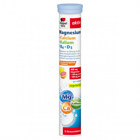 Doppelherz Magnesium + Calcium + Kalium, 15 Brausetabletten, 100,5 g, Магний 400 мг с кальцием, калием и витаминами B6 и D3 для мышц и костей, шипучие таблетки со вкусом лимона и грейпфрута, 15 шт., 100,5 г