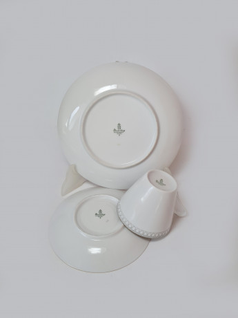 Winterling Kirchenlamitz Bavaria Чайное трио фарфоровое с серым геометрическим рисунком и позолоченным ободком, Германия, 1960-70гг.