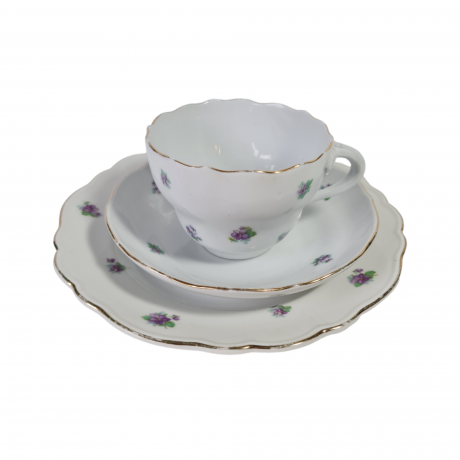 Чайное трио винтажное Meissen с фиолетовыми цветочками, фарфор, Германия, 1960-70гг.