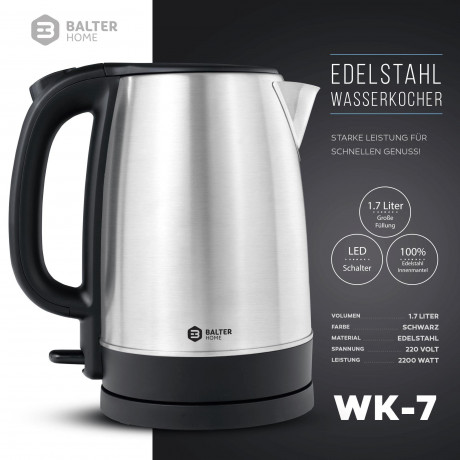 Balter Balter Wasserkocher WK-7, 1,7 Liter, Edelstahl, 2200 Watt, kabellos, Teekocher Чайник Balter WK-7, 1,7 л, нержавеющая сталь, 2200 Вт, беспроводной, чайник